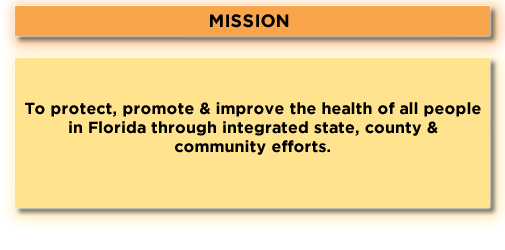 Mission: To protect, promote & improve the health of all people in Florida through integrated state, county & community efforts.